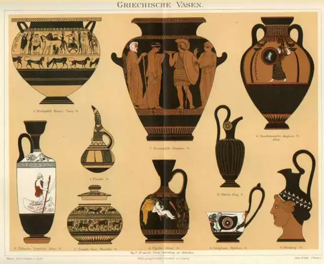 Griechische Vasen LITHOGRAPHIE von 1897 Krug Ölflasche Dodwell-Vase Weinkrug