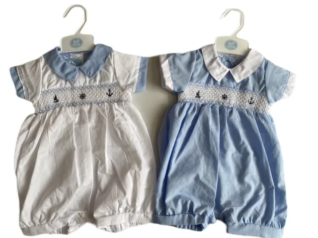 Baby Boy Spanish Style Romper Suit Smocked Nautical Theme White Blue 0-3-6-9 M