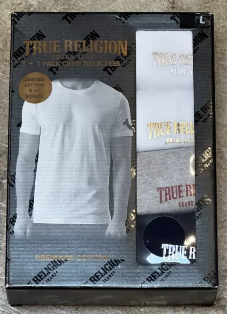 True Religion 3 + 1 Pack Crew Neck Tees Mens Sz Large Metallic Logo NIB NWT