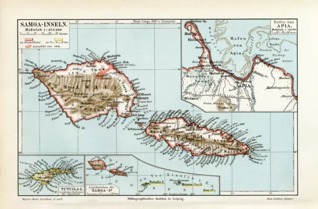 Samoa Inseln historische Landkarte Lithographie ca. 1907 antike Karte Geographie