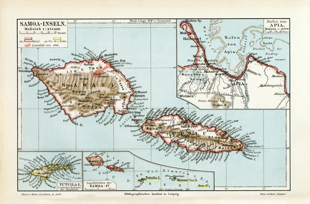 Samoa Inseln historische Landkarte Lithographie ca. 1907 antike Karte Geographie