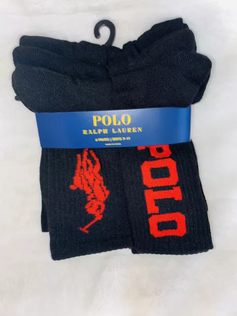 6 PAIRS Polo Ralph Lauren BOY CREW Socks Black L/XL Sock Sz 9-11 SHOE Sz 4-10