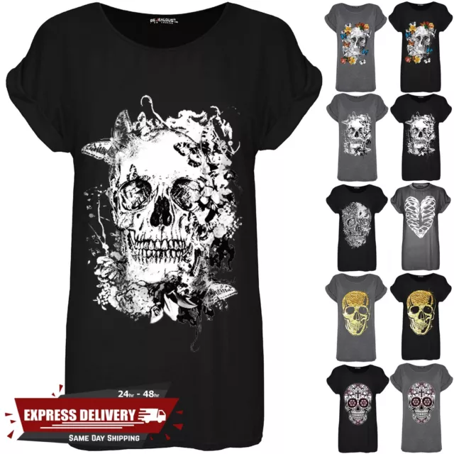 Womens Ladies Oversized Skull Flowers Turn Up Cap Sleeve Baggy Tee Top T Shirt