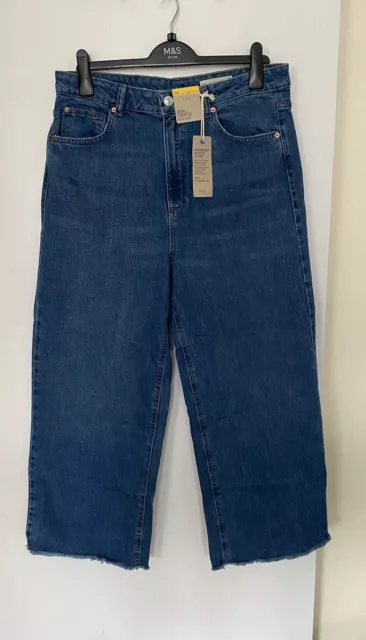 Marks And Spencer M&S High Rise Wide Cropped Jeans Uk 16 Reg Med Indigo