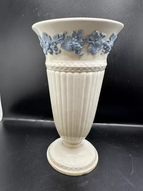 Wedgwood Queens Ware Embossed Vase Pale Blue on Cream Grapes Leaves 8” - AS IS