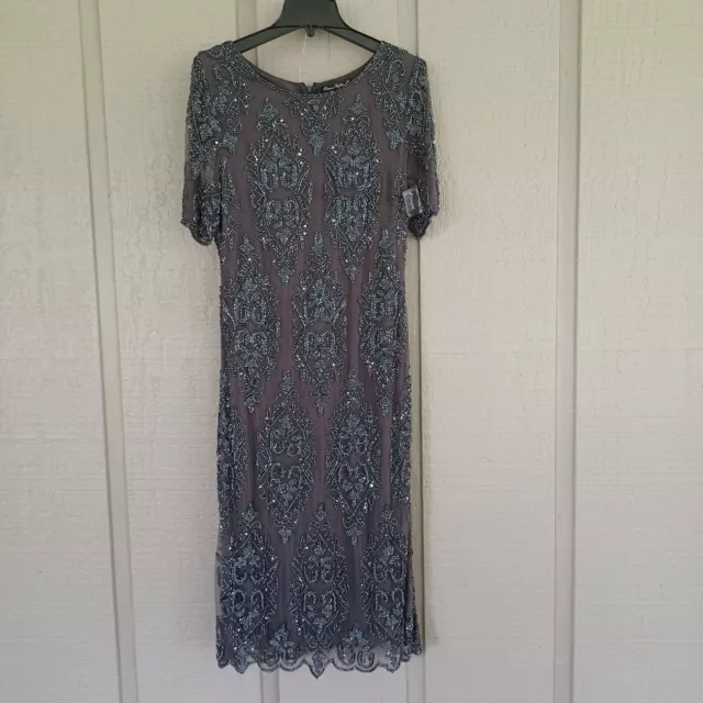 Pisarro Night Beaded Cocktail Midi Dress Color Slate Size 16 Defect