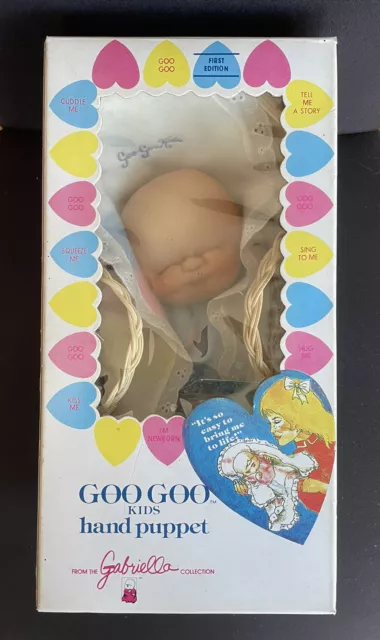 VTG Goo Goo Kid Baby Hand Puppet Doll Blue 1st Ed w Box Basket Blanket Realistic
