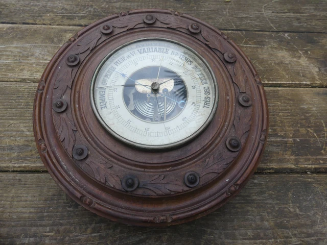 BAROMÈTRE ANÉROÏDE THERMOMÈTRE EN BOIS ancien vintage