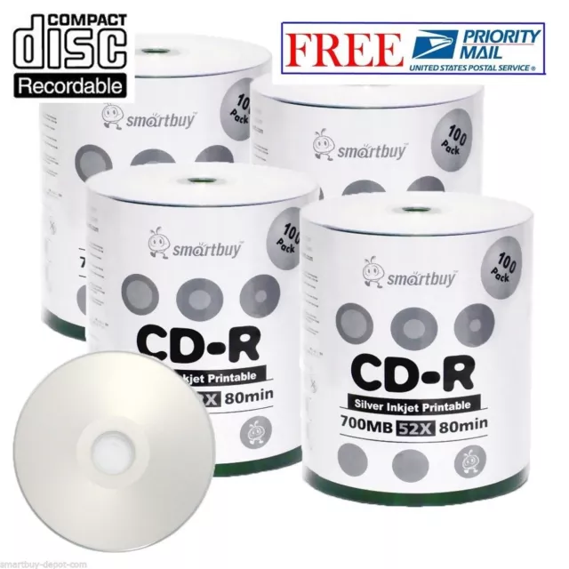 400 Pcs SmartBuy CD-R 52X 700MB 80M Silver Inkjet Hub Printable Recordable Disc