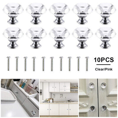 10pcs Crystal Glass Drawer Cabinet Knobs Clear Diamond Shape Dresser Pulls 30mm