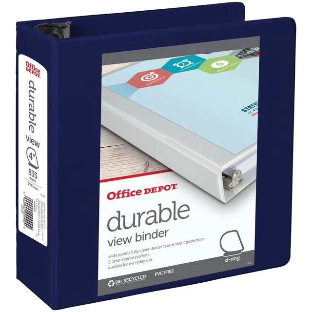 Office Depot Brand Durable D-Ring View Binder, 4" Rings, Letter Size, Blue
