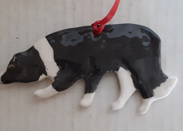 Artist original kiln fired ceramic Border Collie ornament  D. Eddy