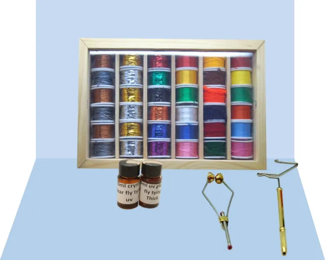 Fly Tying Set with 36 Spools Thread, Floss, Tinsel, UV Glue, Wire, Tools