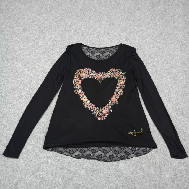 Desigual Femmes Shirt TAILLE S Coeur Floral Jersey / Chemisier L/S Haut Noir