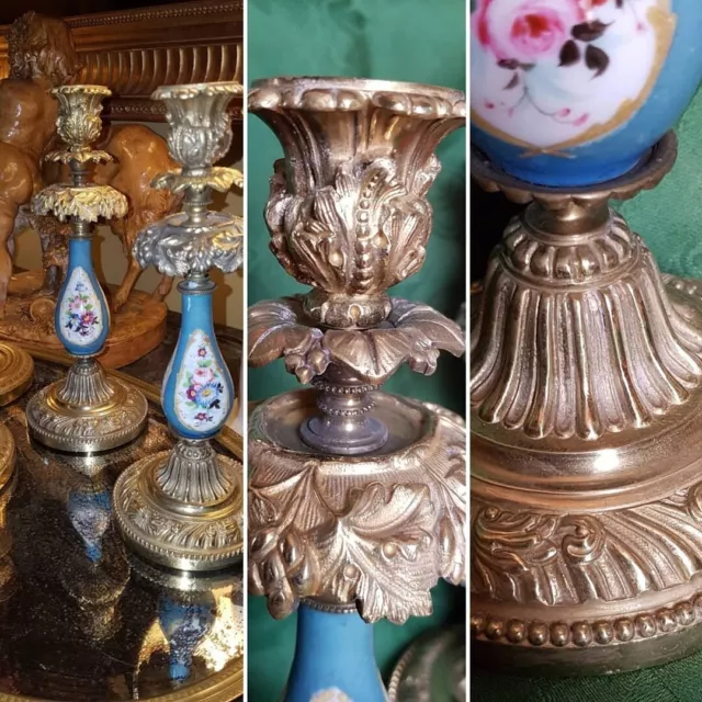 Antique French Bronze Ormolu Paris Porcelain Candlesticks Candle Holder Pair 19C
