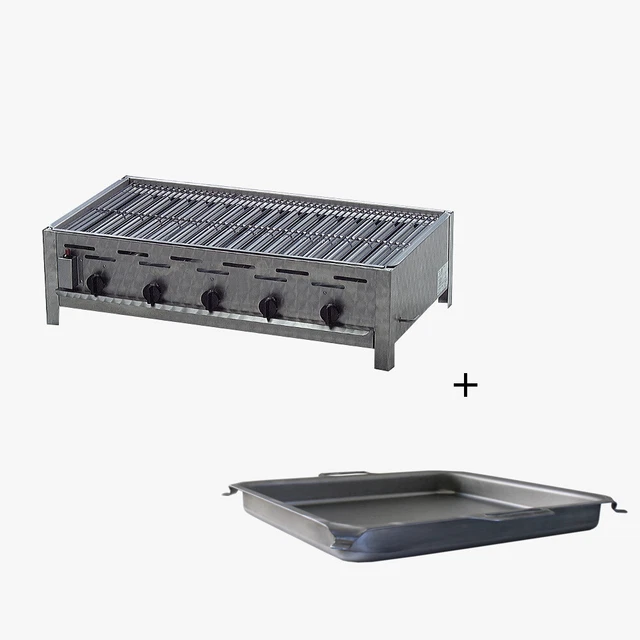 Gastrobräter Gasgrill Edelstahl 5 flammig mit Rost und Pfanne 98 x 53 x 27 cm