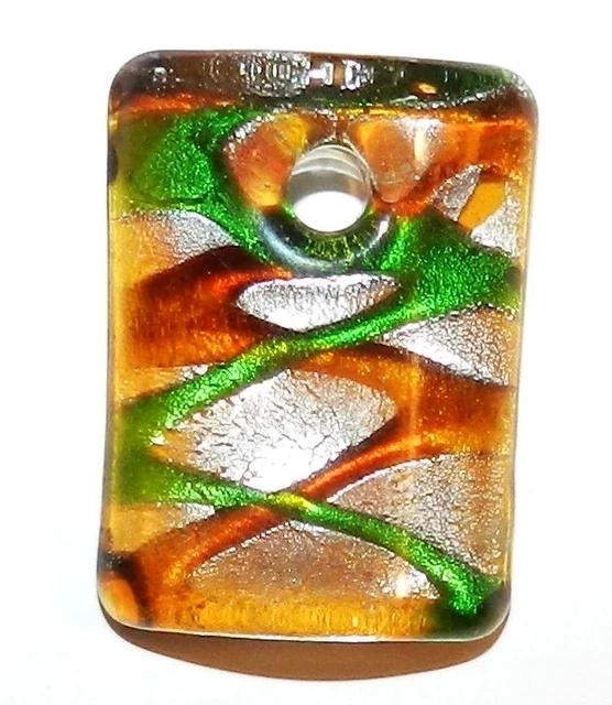 P1949 Yellow & Green Swirl w Silver Foil 40mm Rectangle Lampwork Glass Pendant