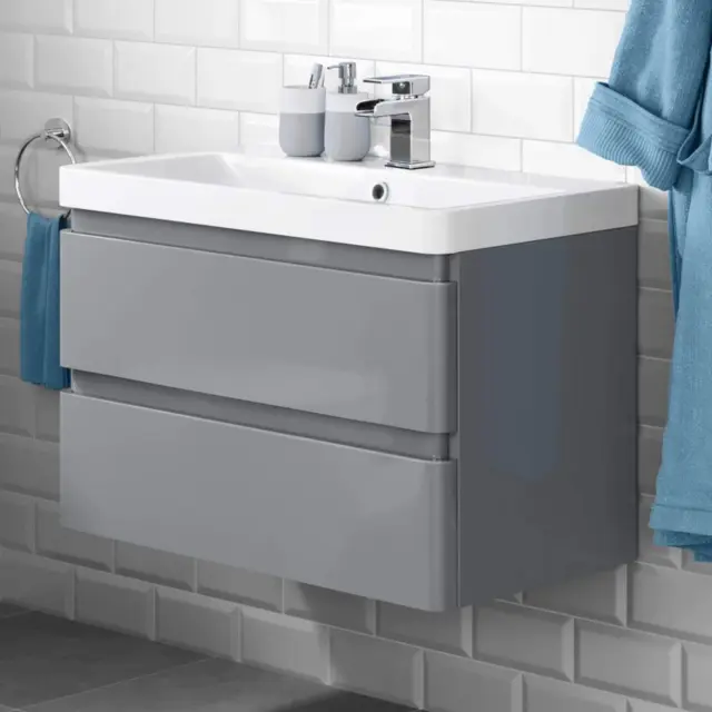 Bathroom Cabinet Vanity Unit Sink Basin Storage Drawer Wall Hung Grey 800mm 2