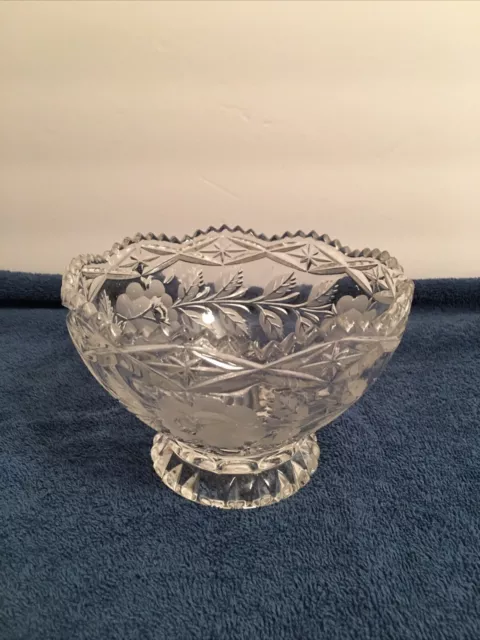 Vintage Lead Cut Crystal Frosted Etched Rose Sawtooth Edge Footed Bowl 6”x 4”