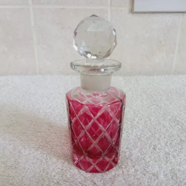 Vintage Rose Coloured Scent Bottle, With Clear Cut Glass Stopper