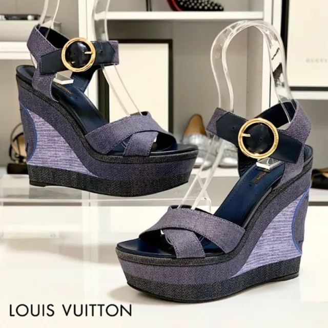 Louis Vuitton LV Logo Denim Wedge Sandals Blue Indigo Size 36.5