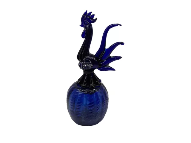 Cobalt Blue 18 Inch Vintage Hand Blown Glass Rooster Covered Bowl Glass Art Deco