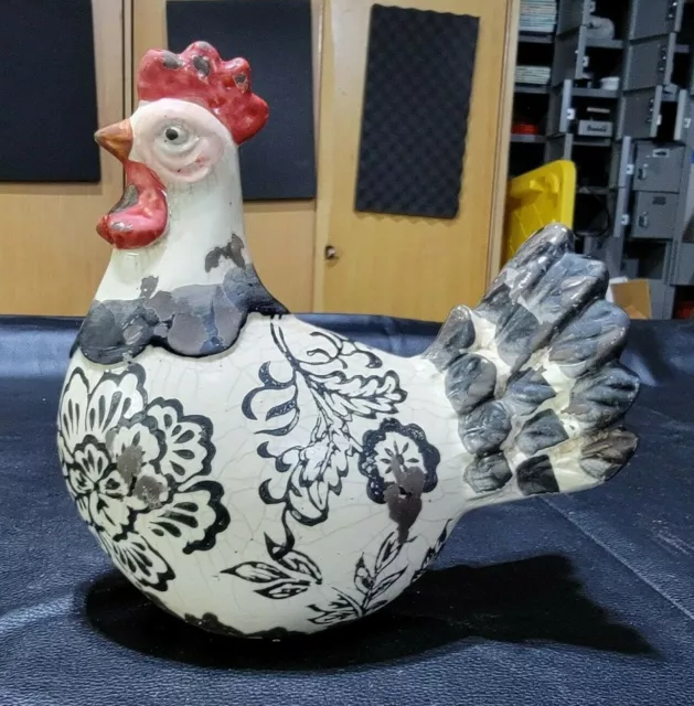 Vintage 7" Ceramic Chicken Rooster Figurine Farm Animal Statue Floral Clay