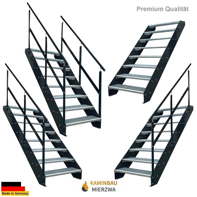 Premium Außen -Treppe 8 Stufen Breite 60-140cm H: 152cm  Wangen & Geländer Anth.