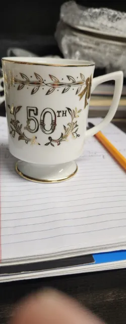 Rare Find Lefton 50th Anniversary  Footed Coffee/ Tea Cup With Gold Leaves/...