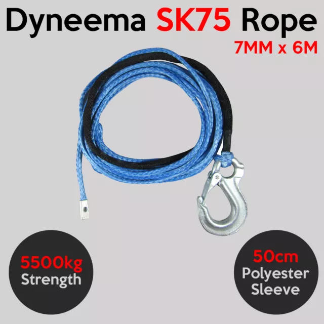 7MM X 6M Dyneema SK75 Winch Rope Snap Hook - 4x4 4wd Boat Marine Cable Webbing