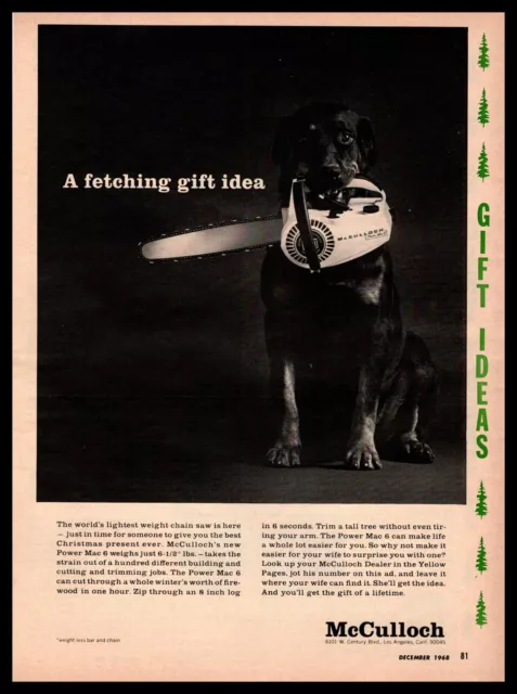 1968 McCulloch Rottweiler Dog Chainsaw In Mouth "Fetching Gift Idea" Print Ad