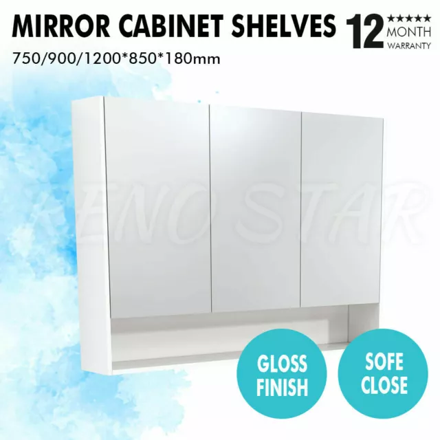 750/900/1200mm Mirror Cabinet White Pencil Edge Soft Close Open Under Shelf
