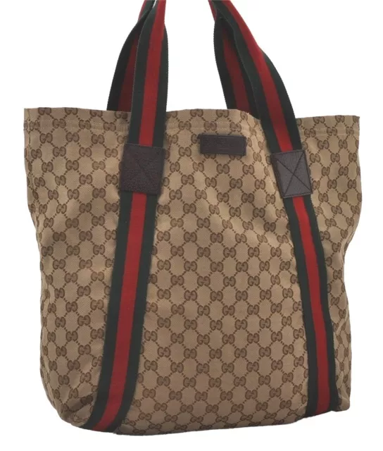 Authentic GUCCI Web Sherry Line Tote Bag GG Canvas Leather 189669 Brown 7977I