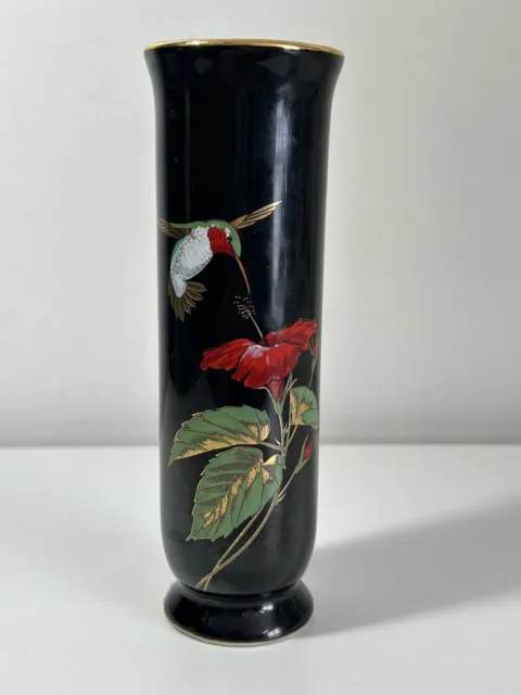 Black Bud Vase 6.5" Hummingbird Hibiscus Gold Trim Round Pedestal Otagiri Japan