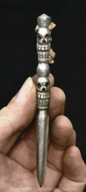 4.8" Old Tibet TianTie meteoric Iron 2 Skull Head Phurba Dagger Holder pendant