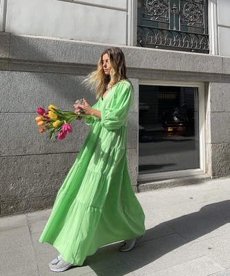 Nwt_Zara Woman Midi V-Neck Poplin Panelled Dress Intense Green 0881/320_Xs-L