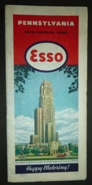 1946  Pennsylvania road map Esso oil gas pictoriall University of Pittsburgh
