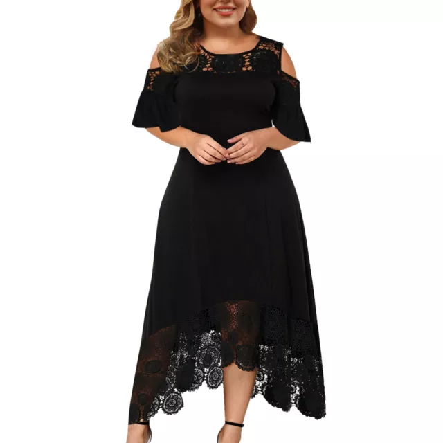 Women Plus Size Casual Solid Lace Round Neck Dress Short Sleeve Irregular Lace 3
