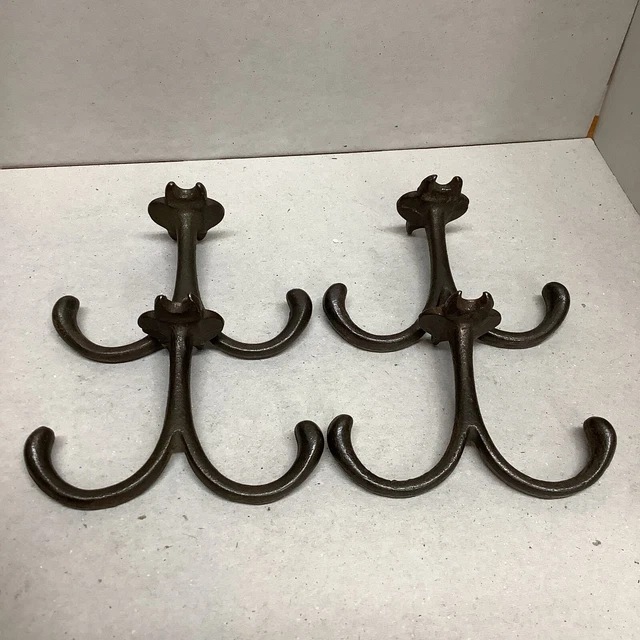 (4) Vintage Antique Farmhouse Style Coat Hanger Rustic Textured Cast Iron P141