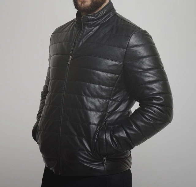 New Mens Puffer Black Leather Jacket 100% Genuine Leather Bubble Jacket For Men