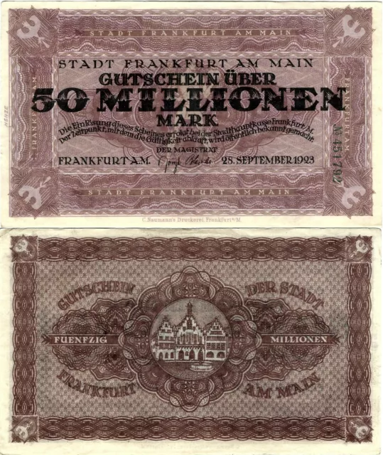 Banknote Gutschein 50 Millionen Mark 1923 Frankfurt am Main (Hessen) SEHR SELTEN