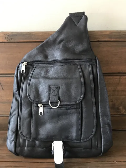 Black Leather Sling Bag Knapsack Shoulder Bag One Strap Travel School Work NEW!