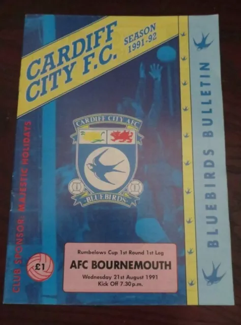 Cardiff City Afc Bournemouth Rumbelows Cup August 1991 Match Programme