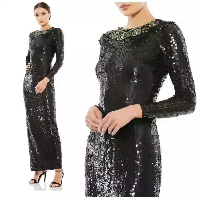 MAC DUGGAL BLACK Long Sequin Dress Gown Green Rhinestones Long Sleeves ...