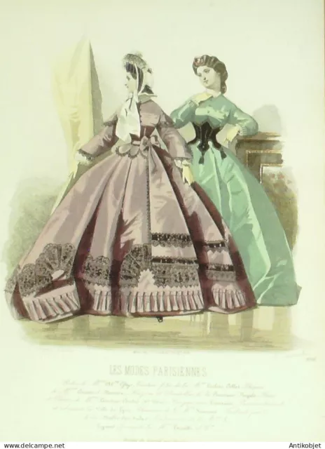 Gravure Modes parisiennes 1864 n°1096 Toilettes velours brodées