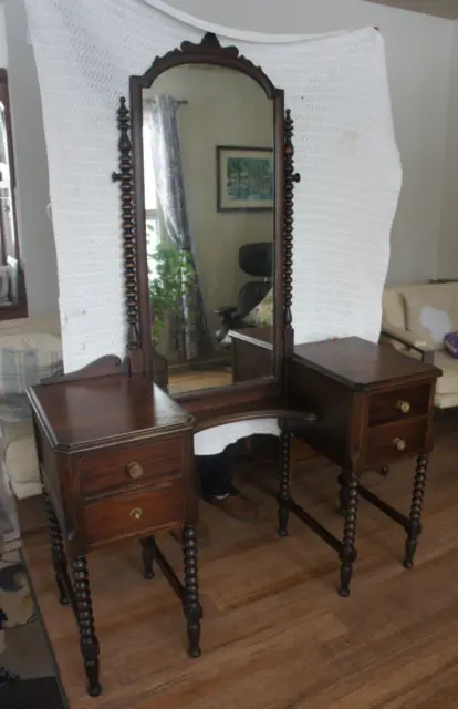 Antique Victorian Art Deco Vanity Dressing table desk +mirror turned walnut wood