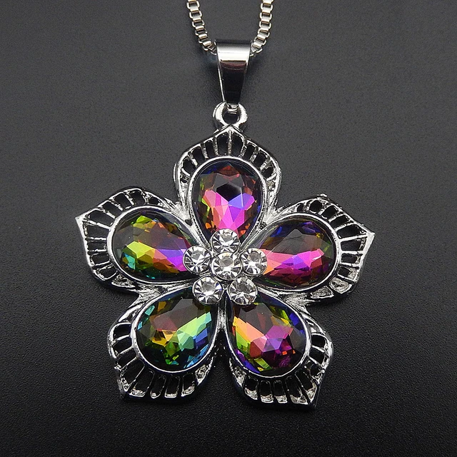 Fashion Multi-Color Crystal Rhinestone Flower Pendant Long Necklace