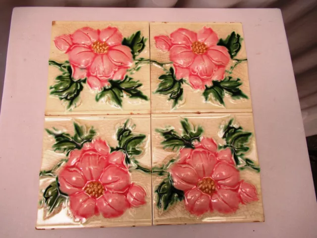 Antique Art Nouveau Majolica Tile 19Th Embossed Rose Flower Design 4 Pc Set "510 2