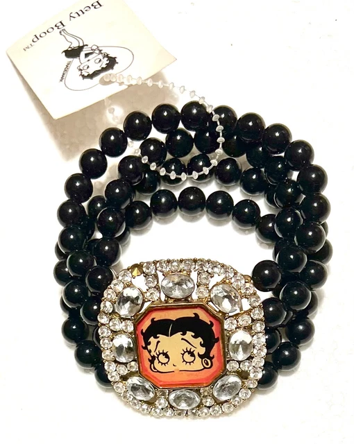 Betty Boop -Bracciale elastico con 4 file di perle nere e zirconi luminosi -