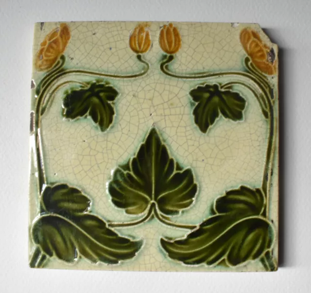 Original Art Nouveau Flowering Buds & Leaves Embossed Majolica Tile